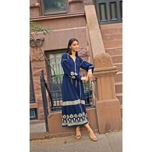 Roller Rabbit Metallic Cross Stitch Aveline Dress Navy/Gold Pockets‎ Size Small